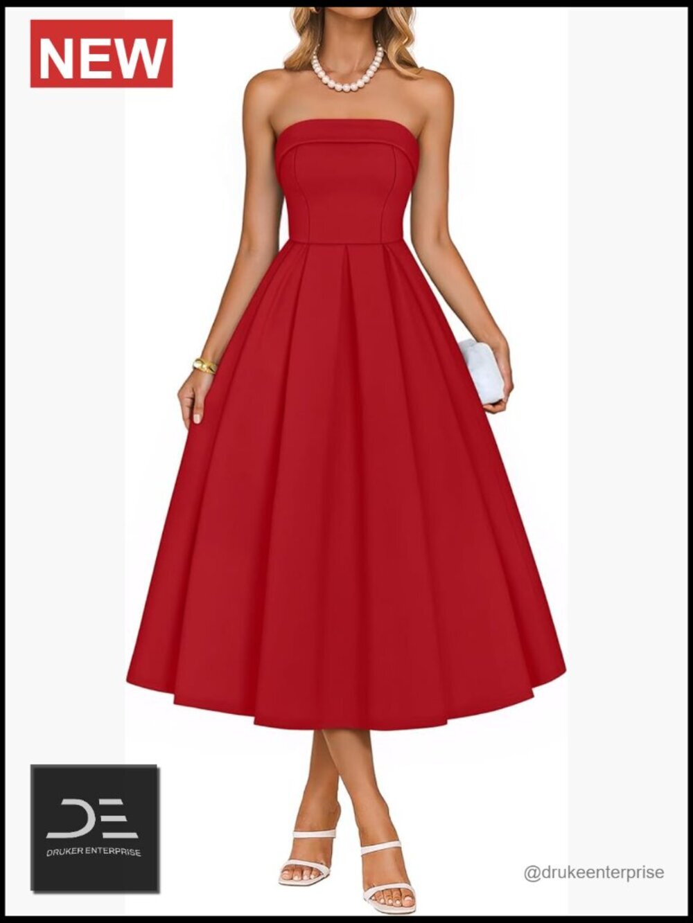 Strapless Off Shoulder A Line Midi Dress Pleated Sleeveless Cocktail Wedding